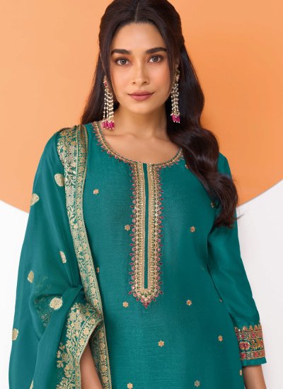 
                            Green Festival Silk Blend Pant Style Suit