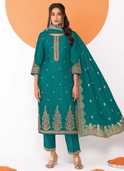Green Festival Silk Blend Pant Style Suit