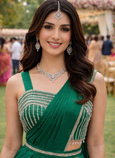 
                            Green Satin Contemporary Saree