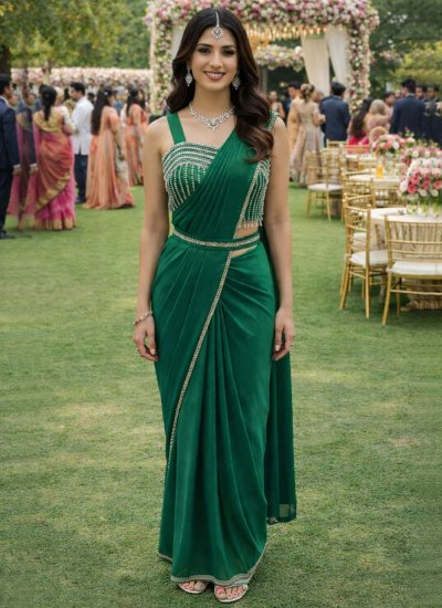 Green Satin Contemporary Saree