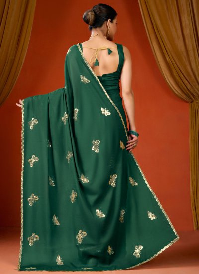 
                            Green Sequins Contemporary Saree