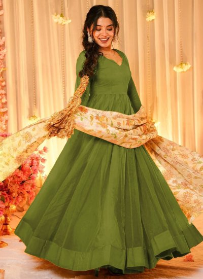 
                            Green Silk Ceremonial Readymade Gown