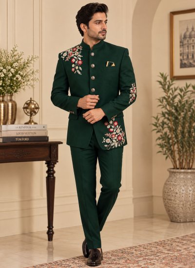 Green Terry Rayon Wedding Jodhpuri Suit