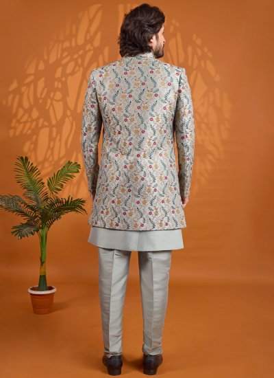 
                            Green Thread Work Art Silk Indo Western