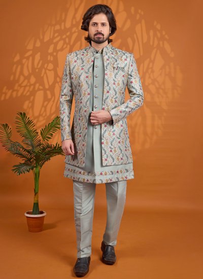 Green Thread Work Art Silk Indo Western
