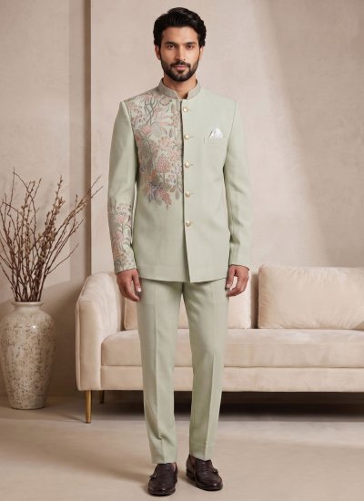 Green Thread Work Satin Jodhpuri Suit