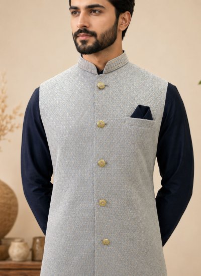 
                            Grey and Navy Blue Sangeet Kurta Payjama With Jacket