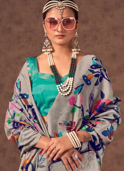 
                            Grey Cotton Party Traditional Saree