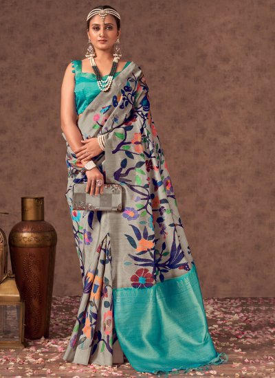 Grey Cotton Party Traditional Saree
