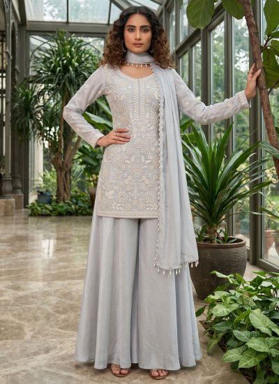 Grey Embroidered Chinon Palazzo Salwar Kameez