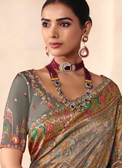 
                            Grey Embroidered Classic Saree