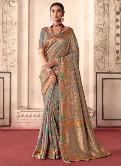 Grey Embroidered Classic Saree