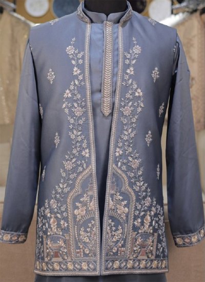 
                            Grey Embroidered Reception Kurta Payjama With Jacket