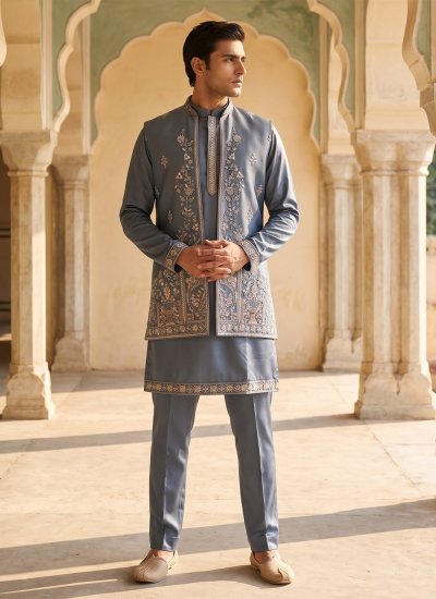 Grey Embroidered Reception Kurta Payjama With Jacket