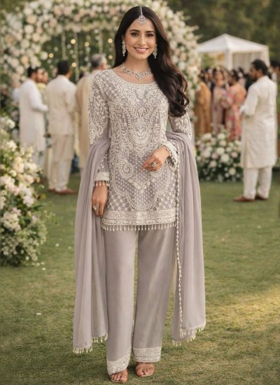 Grey Georgette Beads Pakistani Salwar Kameez