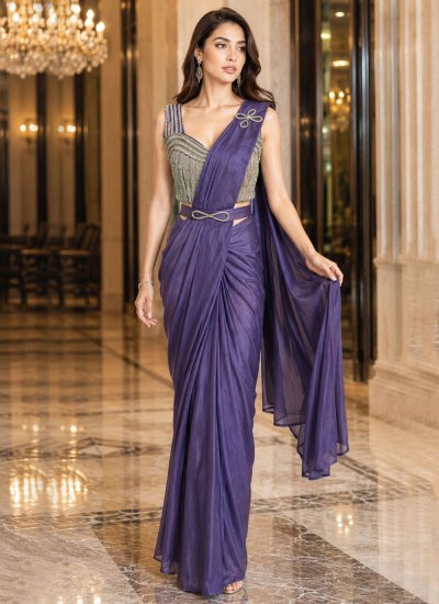 Gripping Chinon Violet Contemporary Saree