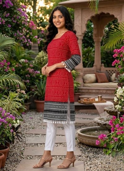 
                            Heavenly Cotton Printed Red Casual Kurti