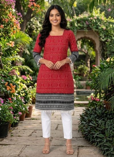 Heavenly Cotton Printed Red Casual Kurti
