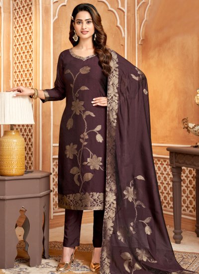 Honourable Embroidered Brown Silk Readymade Salwar Suit