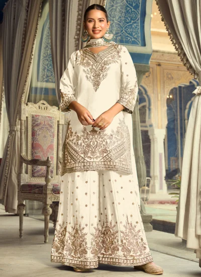 Hypnotic Chinon Off White Embroidered Salwar Kameez