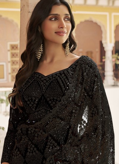 
                            Impeccable Black Sequins Net Contemporary Saree