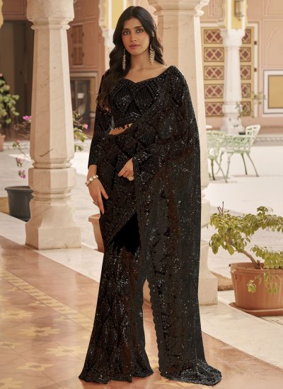 Impeccable Black Sequins Net Contemporary Saree