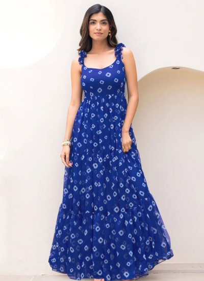 Imperial Blue Digital Print Designer Gown