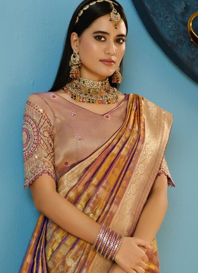 
                            Imperial Gold and Purple Embroidered Silk Contemporary Saree