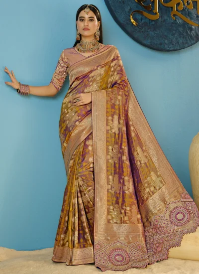 Imperial Gold and Purple Embroidered Silk Contemporary Saree