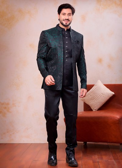 green mehndi dress for men Shop Green Embroidered Kurta & Jacket Set Online main image 1