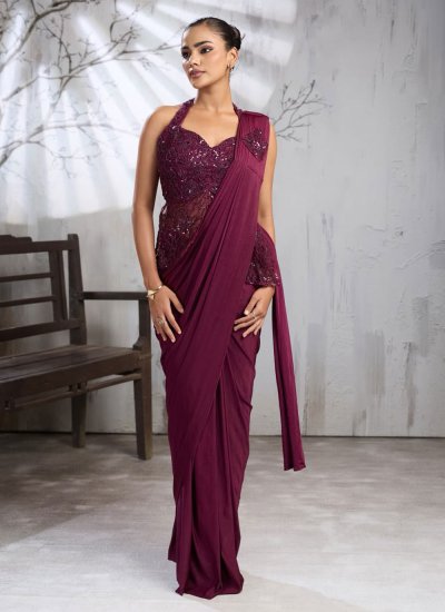 Imported Wine Embroidered Saree