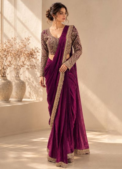 Impressive Purple Embroidered Fandy Trendy Saree