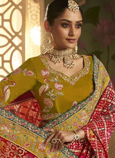 
                            Incredible Embroidered Mustard and Red Silk Contemporary Saree