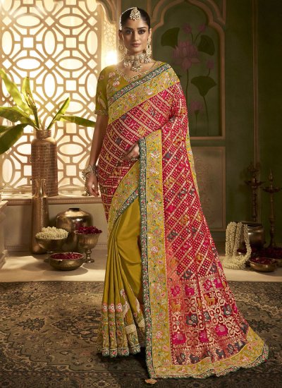 Incredible Embroidered Mustard and Red Silk Contemporary Saree