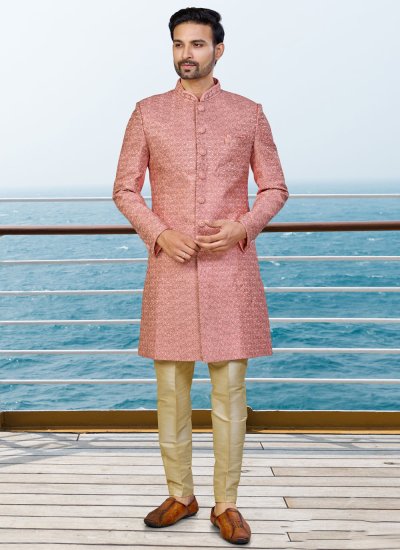 Indo Western Embroidered Banarasi Silk in Pink Colour