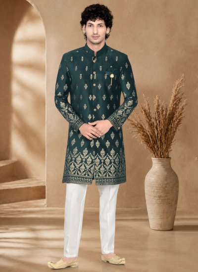 Indo Western Embroidered Velvet in Green Colour