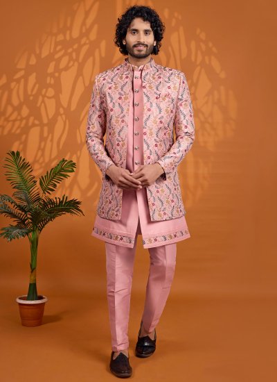 Indo Western Thread Work Art Silk in Pink Colour