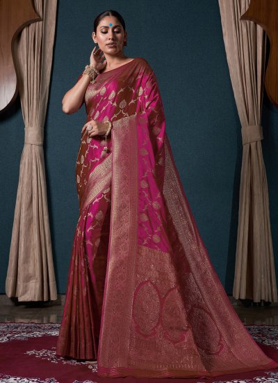 Innovative Satin Silk Weaving Pink Classic Saree