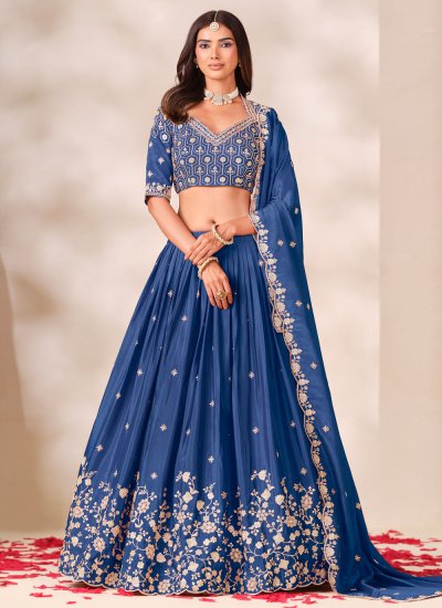 Integral Chinon Blue Thread Work Lehenga Choli
