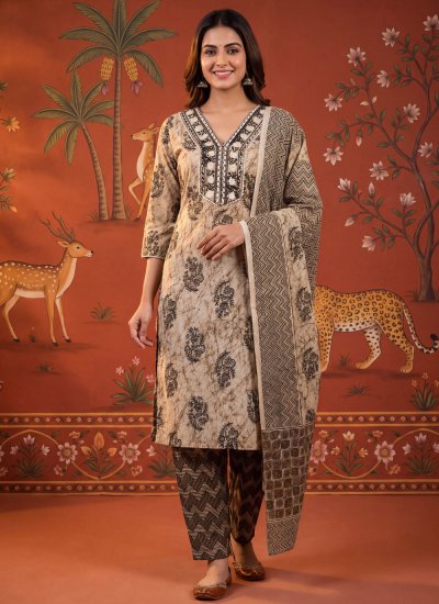 Intricate Beige Printed Cotton Trendy Salwar Kameez