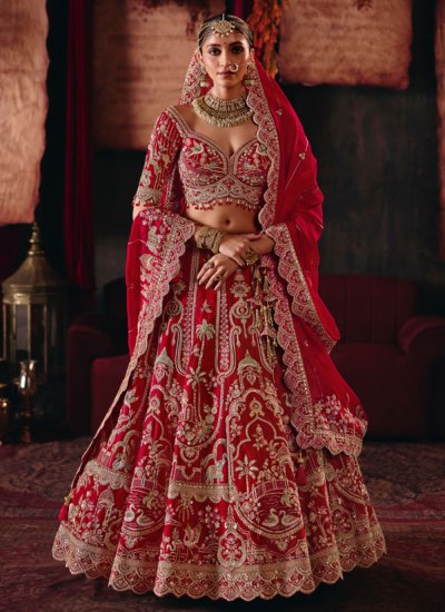 Intricate Thread Work Red Readymade Lehenga Choli