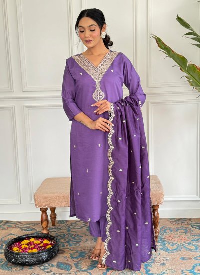 Intriguing Viscose Embroidered Lavender Salwar Kameez