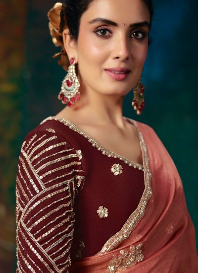 
                            Invigorating Embroidered Peach Contemporary Saree