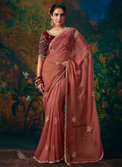 Invigorating Embroidered Peach Contemporary Saree