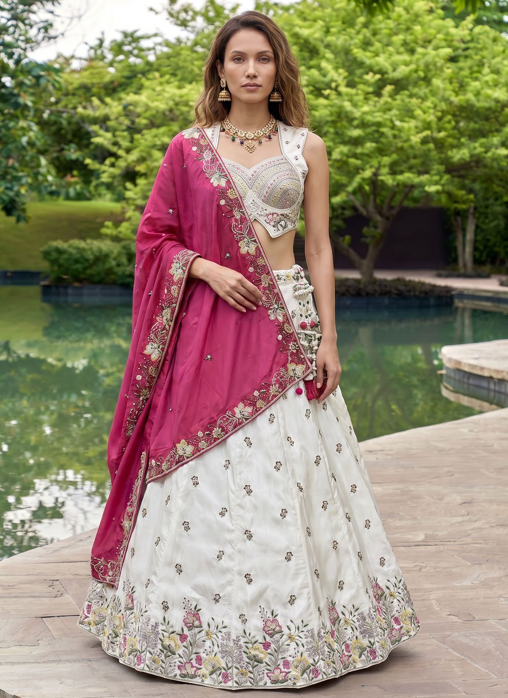 deep pink net fish cut lehenga choli with dupatta Fuschia Raw Silk Multi Colour Threadwork Embroidered Blouse making it an ideal choice for weddings Premium Designer Ready To Wear