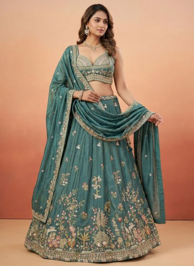 Invigorating Thread Work Rama Tissue Designer Lehenga Choli
