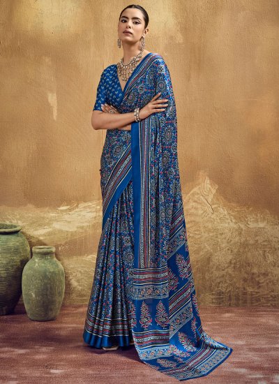 Irresistible Print Blue Traditional Saree
