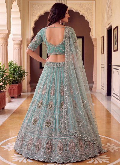 
                            Irresistible Thread Work Net Aqua Blue Trendy Lehenga Choli