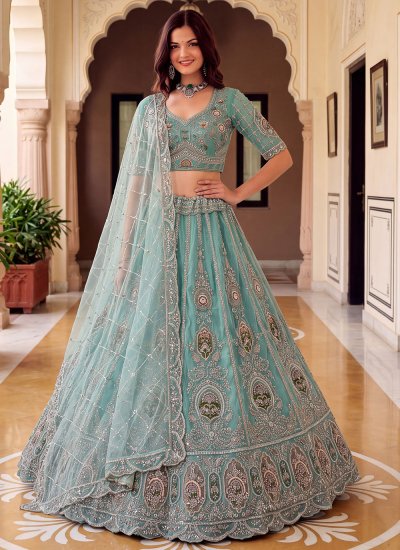 Irresistible Thread Work Net Aqua Blue Trendy Lehenga Choli