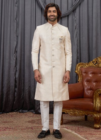 Jacquard Beige Fancy Indo Western Sherwani